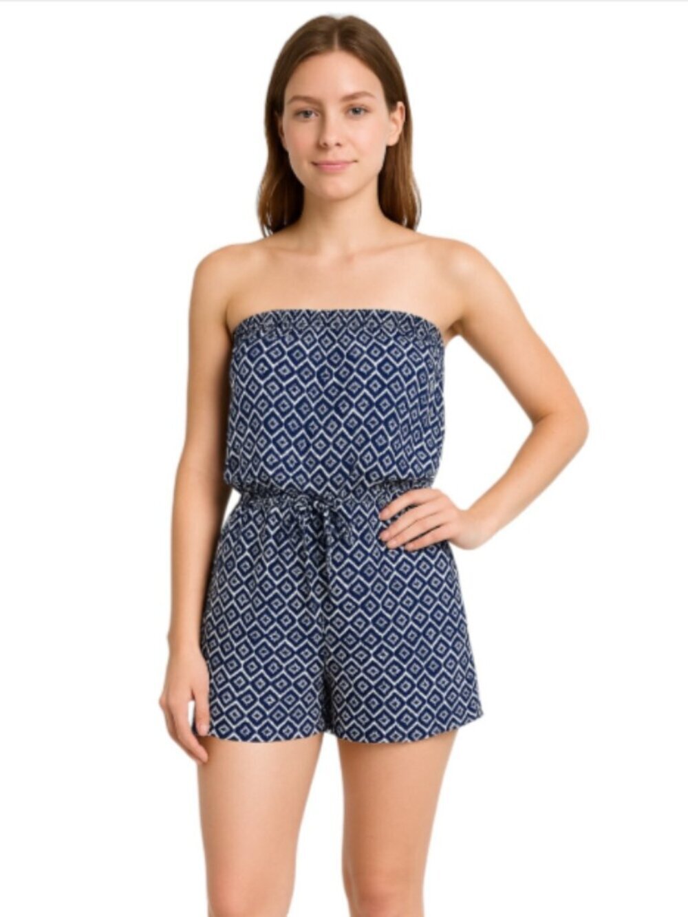 Ocean Club X-Small Blue White Geometric Romper Off Shoulder Smocked Tie Waist